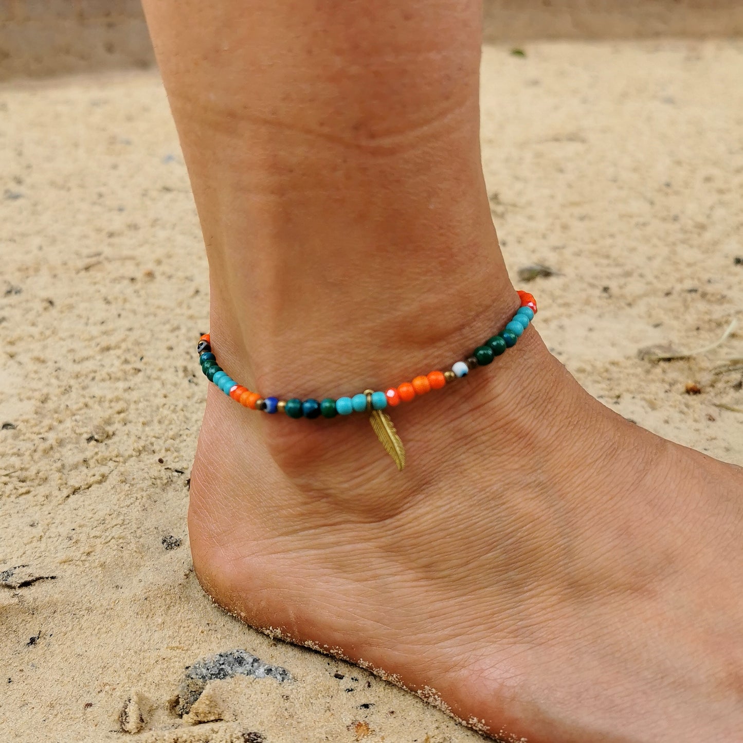 Evil Eye Anklet With Feather Charm