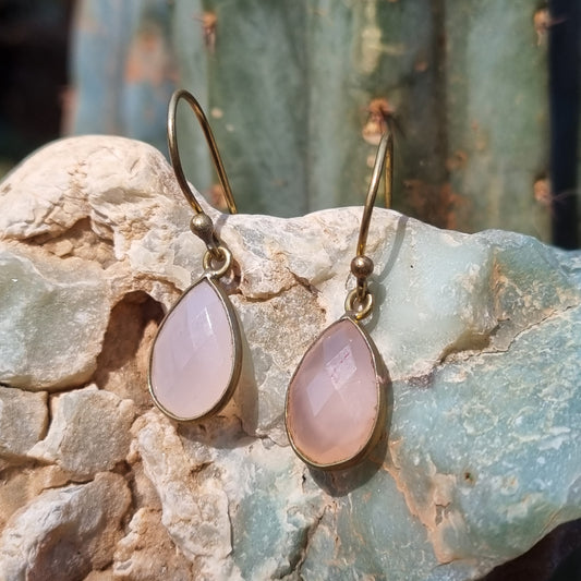Rose Quartz Brass Drop Earrings