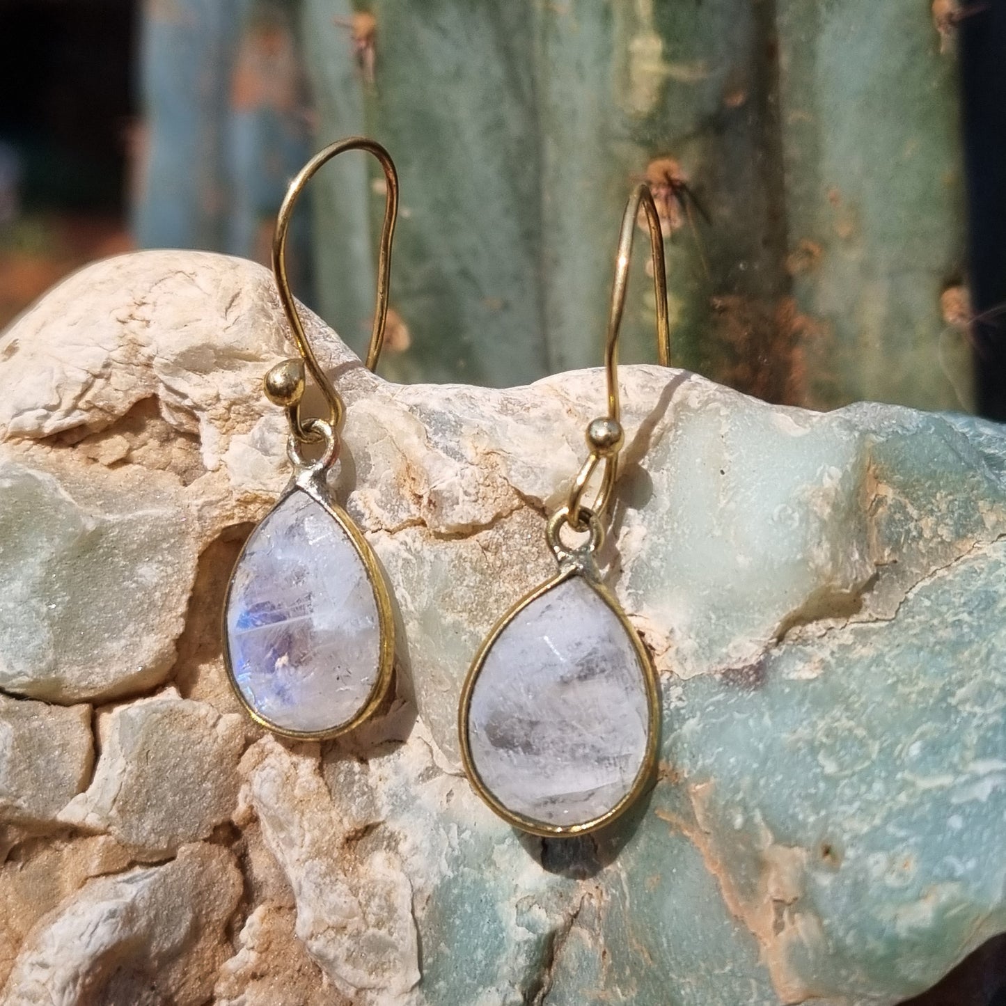 Moon Stone Brass Drop Earrings