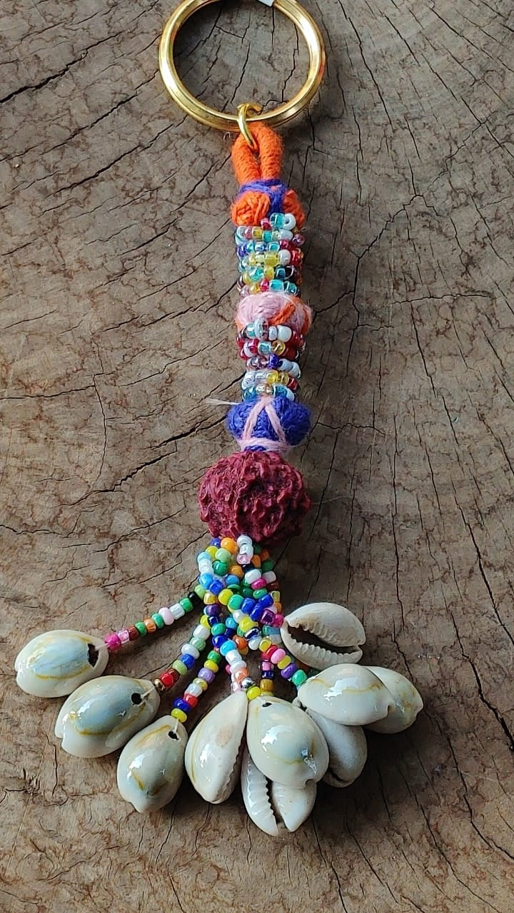 Rudraksha and Cowrie Shell Key Chain