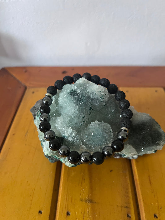Obsidian, Hematite and Lava Bead