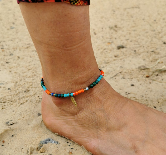 Evil Eye Anklet With Feather Charm