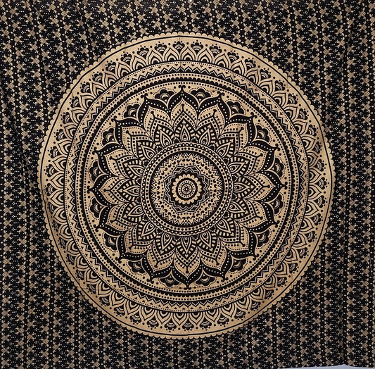 Black and Gold Mandala Tapestry (Double Size)